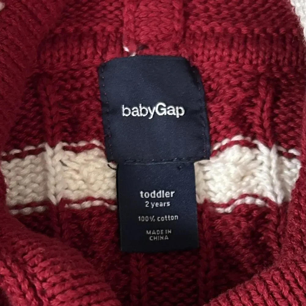 Baby Gap Red & White Striped Hooded Pom Pom Cable Knit Sweater Dress Girls 2T